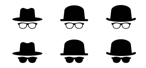 眼鏡やサングラス 仲介者または認識できない人 漫画マフィア 古い古典的な帽子メガネモデルのアイコンやシンボルで探偵やスパイ ブラックリムメガネ眼鏡 眼鏡光学紳士アイコンやロゴ — ストックベクタ