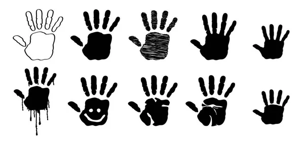 卡通画手心 婴儿或小孩画手印或儿童手印 儿童手印 矢量轮廓 微笑和脸 人类的手指和手掌图标 长大成人和儿童的象征 — 图库矢量图片