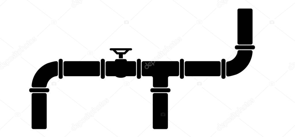 Water, oil or gas pipeline with fittings and valves. Pipeline and black tap, open, close. Globe valve icon or pictogram. Vector pipe fitting symbol. Wastewater or Waste water logo. Distribution.