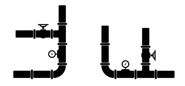 継手とバルブを備えた水 油またはガスパイプライン パイプラインと黒のタップ 開いて 閉じる グローブバルブアイコンまたはピクトグラム ベクトルパイプ継手シンボル 排水や廃水のロゴ — ストックベクタ