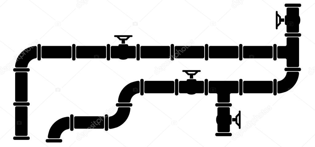 Water, oil or gas pipeline with fittings and valves. Pipeline and black tap, open, close. Globe valve icon or pictogram. Vector pipe fitting symbol. Wastewater or Waste water logo. Distribution.