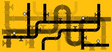 Su, petrol ya da gaz boru hattında tesisat ve vanalar var. Boru hattı ve siyah musluk, açık, kapalı. Küre kapakçığı simgesi ya da piktogram. Vektör boru sığdırma sembolü. Atık su ya da atık su logosu. Dağıtım.