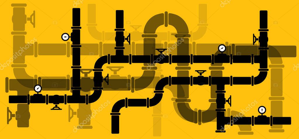 Water, oil or gas pipeline with fittings and valves. Pipeline and black tap, open, close. Globe valve icon or pictogram. Vector pipe fitting symbol. Wastewater or Waste water logo. Distribution.