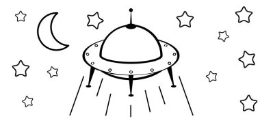 Uzaylıların Ufo uzay gemisi. Dünya UFO günü için. Çizgi film uçan dairesi. Uzaylı uzay gemilerini yönlendir. Gelecekteki bilinmeyen uçan nesne. Uzay gemisi logosu ya da simgesi. Araç çizgisi deseni. renklendirme sayfası