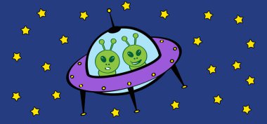 Uzaylıların Ufo uzay gemisi. Dünya UFO Günü için. Çizgi film uçan dairesi. Uzaylı uzay gemilerini yönlendir. Gelecekteki bilinmeyen uçan nesne. Uzay gemisi logosu ya da simgesi. Araç çizgisi deseni. 