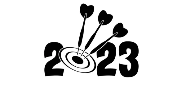 最高の願いカードやバナー ダートボードのシンボルと幸せな新年2023 ダーツボードゲームのための漫画のダーツ矢印 成功したビジネス戦略の概念 目標戦略 — ストックベクタ