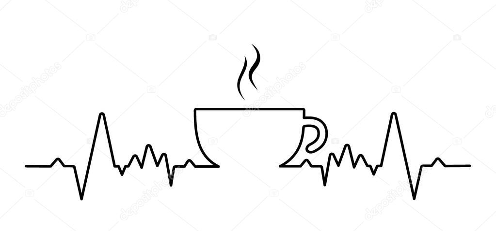 Heartbeat wave. Cartoon fresh coffee cup of thea cup in the morning. For coffee or tea bar. Relaxing, chill, motivation, inspiration message concept. Just moments, first break time.
