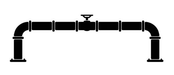 継手とバルブを備えた水 油またはガスパイプライン パイプラインと黒のタップ 開いて 閉じる グローブバルブアイコンまたはピクトグラム ベクトルパイプ継手シンボル 排水や廃水のロゴ — ストックベクタ