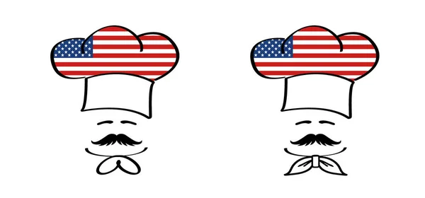 卡通厨师帽 有胡子和Vs 美国国旗 厨师的帽子或帽子 厨房烹调或烹调帽子 矢量菜单标识或图标 美国披萨 美食烘焙店 贝克符号 厨师帽 — 图库矢量图片