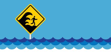 Drawing cartoon tsunami warning, shock wave. A tsunamis is an extremely high wave from the sea that unexpectedly floods the coast, usually caused by a seaquake. information sign. clipart