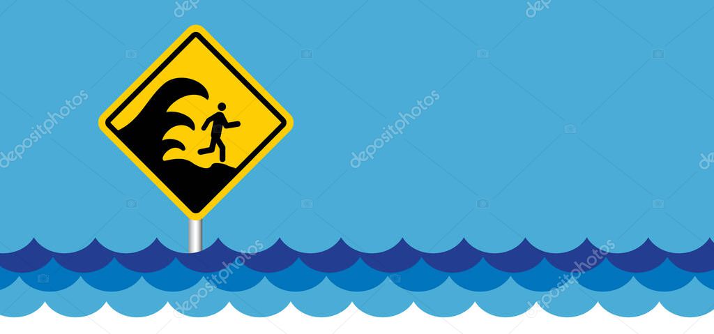 Drawing cartoon tsunami warning, shock wave. A tsunamis is an extremely high wave from the sea that unexpectedly floods the coast, usually caused by a seaquake. information sign.