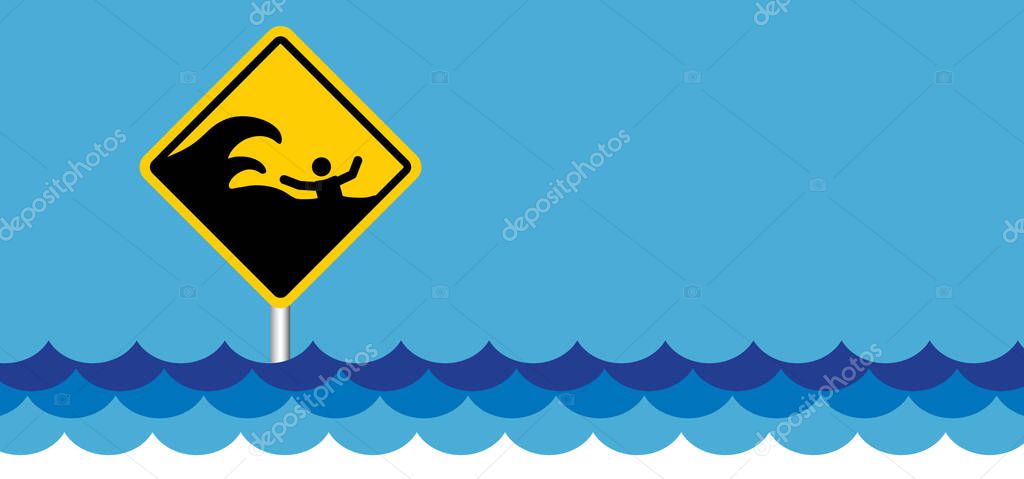 Drawing cartoon tsunami warning, shock wave. A tsunamis is an extremely high wave from the sea that unexpectedly floods the coast, usually caused by a seaquake. information sign.