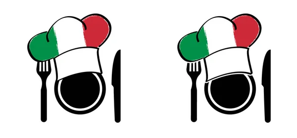 Piatto Forchetta Coltello Piatto Italiano Simbolo Cuffia Cartone Animato Bandiera — Vettoriale Stock