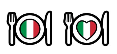İtalyan yemeği için karikatür tabağı, çatal ve bıçak. Kalp plakası İtalyan ulusal renklerinde. Mutfak aşçısı, aşçılık sembolü ve İtalya bayrağı. Vector Italia restoranı, menü logosu ya da simge. Okul, iş mutfağı.