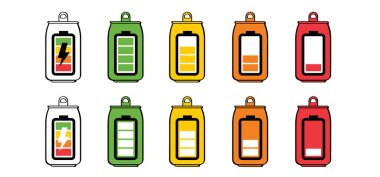 Çizgi film enerji içeceği kutuları çiziyorum. Güç içeceği kutusu. Çekmecede enerji içeceği. Spor, fitness dengesi konsepti. Boş mu, dolu mu? pil simgesi veya sembol