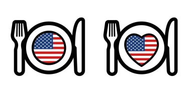 Amerikan yemeği için karikatür tabağı, çatal ve bıçak. Kalp plakası ve VS, Amerika bayrak renkleri. Mutfak aşçısı, aşçılık sembolü ve Amerikan bayrağı. Vektör restoranı, menü logosu ya da simge. Okul, iş mutfağı.. 