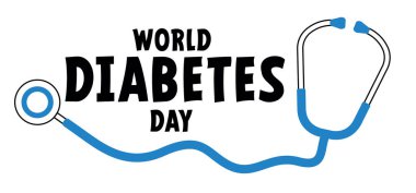 Doktor Stetoskop sembolü. Çizgi filmdeki el, kan damlası. Dünya Diyabet Günü. İnsan elleri ve kaldırılmış indeks. Parmak ve kan damlaları. 14 Kasım. Mavi daire, halka kurdele.. 