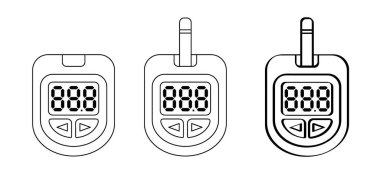 Kan, glikoz ölçer ya da glukometre. Kan şekeri testi. Seviye gösteriliyor. Diyabet insülin. Şekeri test etmek ve izlemek için bir cihaz. Çizgi film kontrolü ve diyabet ya da gliseminin teşhisi. 
