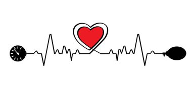 Karikatür kan basıncı monitörü, tıbbi tonometre. Kan basıncı yüksek ya da düşük, tıbbi cihaz. Hastanın kan basıncını ölçün. Sağlık hizmetleri konseptini kontrol et. Kalp kontrolü. EKG kalp atışı nabzı.