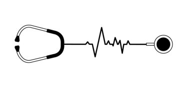 Stetoskop, kalp ikonu. Doktor aleti. Stetoskop kardiyo cihazı. Sağlık sigortası, kalp atışı grafiği. Tıbbi steteskop vücuttaki sesleri dinlemek için bir araçtır. Kalp kontrolü, nabız..