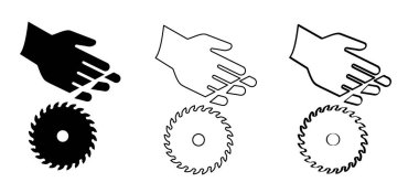 Uyarı, dur işareti. Çizgi film dairesel testere bıçakları ikonu ya da sembolü. Yarım testere logosu. Dairesel testere bıçağı. Dikkat, dikkat, elektrikli testere alarmı, daire. Siluet, testere kesiği Yasak resim yok.