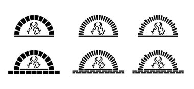 Çizgi film şöminesi ya da odun fırını. Taş tuğlalı pizzacı, pizza fırını. Vektör yangın logosu. Klasik tuğla şömine. Fırın, fırın ve ekmek için. Taş mutfak araçları simgesi.