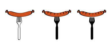 Cartoon bratwurst, hot dog, sausage on fork. Fast food icon. Sausages logo. Barbecuing, bbq snacks symbol. Junk foods.
