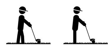 Stickman, stick figure man with golf stick and grass field. Golf player and golf course icon. Golf club with a ball silhouette. Sportsman hitting ball with niblick.