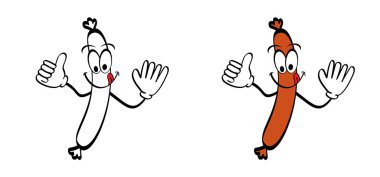 Çizgi filmdeki sucuk, sosisli sandviç, çatallı sosis. Fast food ikonu. Sosis logosu. Barbekü, bbq abur cubur sembolü. Hurda yiyecekler. Dil yalayarak ya da yalayarak tatlı bir gülümseme..