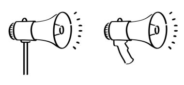 Çizgi film megafonu, mesaj sembolü veya logosunu konuşmak için mikrofon. Hoparlör, mikro foon hattı piktogramı. Horn, tazminat konuşması için anons ediyorum. Megafon yükseltici. Haber çizmek ya da protesto etmek için. 