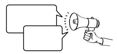 Çizgi film megafonu, mesaj sembolü veya logosunu konuşmak için mikrofon. Hoparlör, mikro foon hattı piktogramı. Horn, tazminat konuşması için anons ediyorum. Megafon yükseltici. Haber çizmek ya da protesto etmek için. 