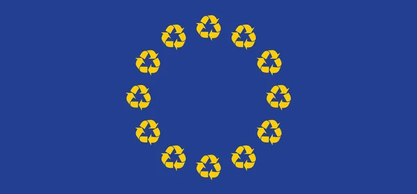ヨーロッパの旗とリサイクルアイコン リサイクルの日は 私たちの廃棄物を別の方法で見ることをお勧めします プラスチックによって環境がどのように破壊されているかをより深く知るために — ストックベクタ