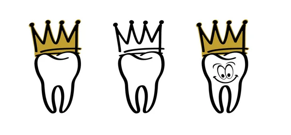 Cartoon Tooth Gums Golden Crown Molar Line Pattern Dental Crown — Stock Vector