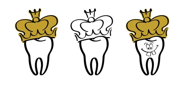 Cartoon Tooth Gums Golden Crown Molar Line Pattern Dental Crown — Stock Vector