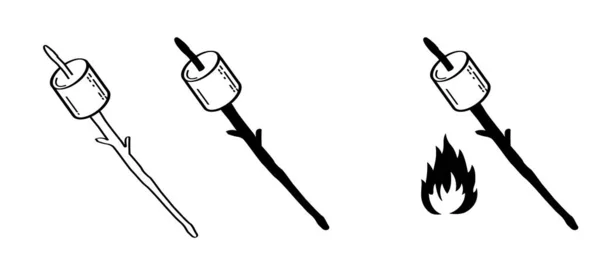 Zeichnen Karikatur Zucker Marshmallow Auf Holzstab Und Feuer Süßer Marshmallow — Stockvektor