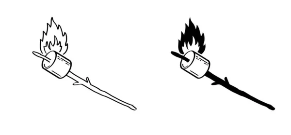 木製の棒と火の上に漫画の砂糖マシュマロを描く Bbq 料理のアイコンやシンボルの甘いマシュマロ おいしい おいしい白いマシュマロ ローストキャンディを食べる — ストックベクタ