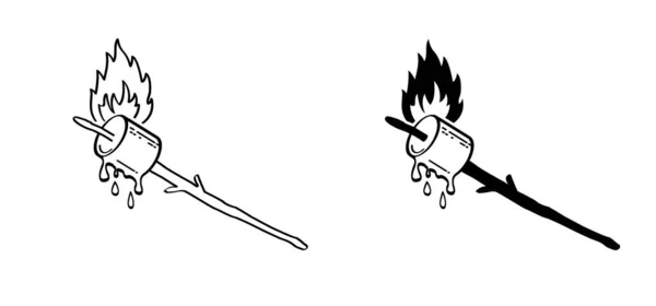 Disegno Cartone Animato Zucchero Marshmallow Bastone Legno Fuoco Dolce Marshmallow — Vettoriale Stock