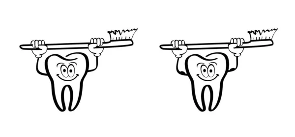 Мультяшний Зуб Яснами Зубною Щіткою Лінійний Візерунок Векторний Малюнок Силует — стоковий вектор
