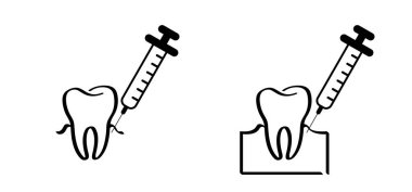 Anestezi enjeksiyon ikonu. Sağlıklı çizgi film, diş eti ve diş eti. Vektör ve tıbbi şırınga. Dişleri ya da dişleri zarar görmüş. Kırık diş, ağız ve diş, hasarlı. Diş Enjeksiyonu.