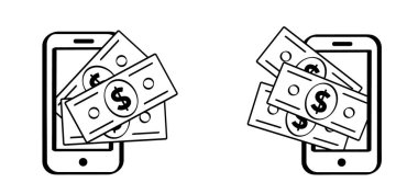 Çizgi film destesi ABD kağıt para ikonu veya logosu. Vektör cep telefonu, dolar, para ya da para faturası. Nakit ve para için faturalar. Banknotlar, bankacılık yatırımları. Amerika, bayrağa karşı.