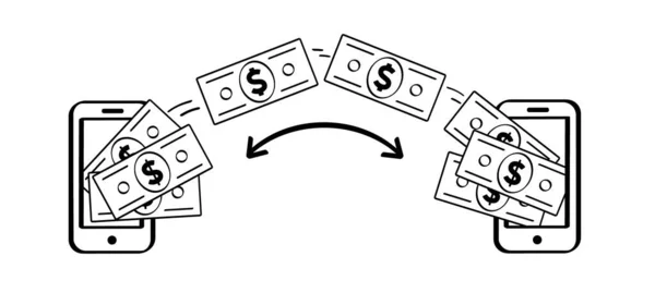 携帯電話の財布 送金と受信 支払い 漫画のバンドル 現金と通貨の請求書 成功した取引や移転の概念 — ストックベクタ