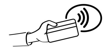 NFC, Temassız Kartı öder. Çizgi film ödemesi, elinde kredi kartıyla. Ödeme kartları. Plastik kartlar. Cüzdan, para ve el. Bankacılık yatırımı. İşlem, transfer konsepti. Öde ya da al.