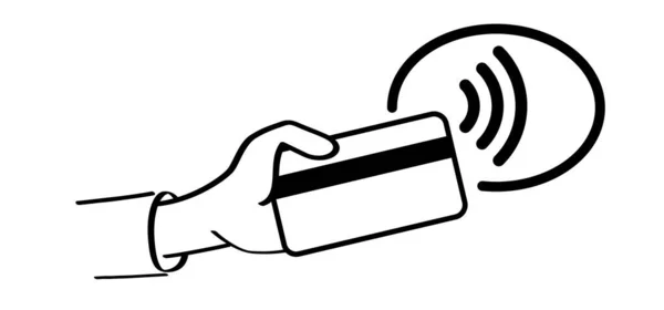 Nfc Pagare Carta Senza Contatto Pagamento Con Cartoni Animati Mano — Vettoriale Stock