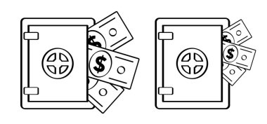 Çizgi film parası, kasa ya da kasa. Vektör kasa kolu. Kapalı, banka güvenliği ve finansal güvenlik. Güvenli kutular, altın, para ve nakit paraların korunması. Kod kilitleri.