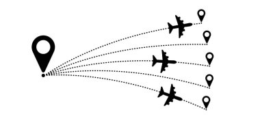 Soaring air plane line path. Take Off airplane, flight route with start point. Vector Aircraft sign. Location pointer. Tracking, vacation, holliday. Travel pointer navigation. Tourism. Route Concept.