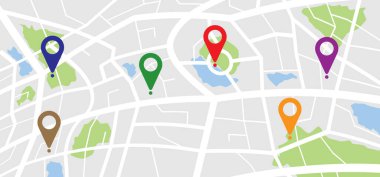 Karikatür haritasında iğne işaretleri simgesi var. Navigasyon veya navigatör, haritalar, yol, yön oku. İğne izleri. İşaretçi ya da nokta yürüyüş rotası. Şehrin izini sür, sokak haritası. İşaretleyiciler, harita bulucu fikri.