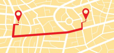 A 'dan B' ye iğne işaretleri simgesi ile. Navigasyon veya navigatör, haritalar, yol, yön oku. İğneler, noktalar işaretlendi. İşaretçi ya da nokta yürüyüş rotası. Şehrin izini sür, sokak haritası. İşaretleyiciler, harita bulucu, kentsel.