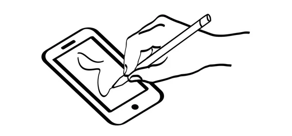Dessiner Sur Téléphone Intelligent Caricature Tirant Main Tenant Stylet Tirant — Image vectorielle