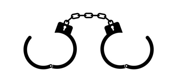 Closed jail cuffs. Cartoon handcuffs. Vector handcuff, manacles or shackles arrest. Police equipment. Chained, handcuffed hands, for thief, prison and detention. Crime symbol. Police hand cuffs.