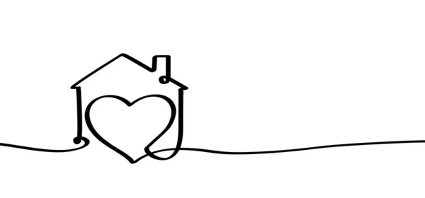 漫画の愛の家のラインパターン ホームアイコンまたはシンボル 連続線画1点 建物や家のロゴ ハートアイコン ホーム甘い家 — ストックベクタ